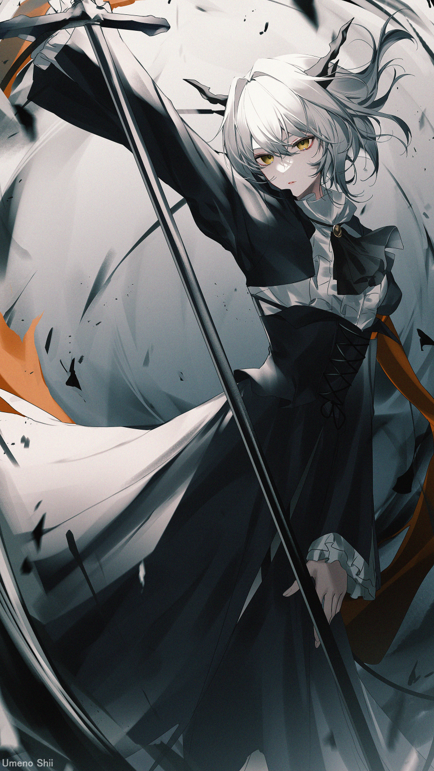 1girl, arknights, arm_up, artist_name, ascot, bangs, black_ascot, black_horns