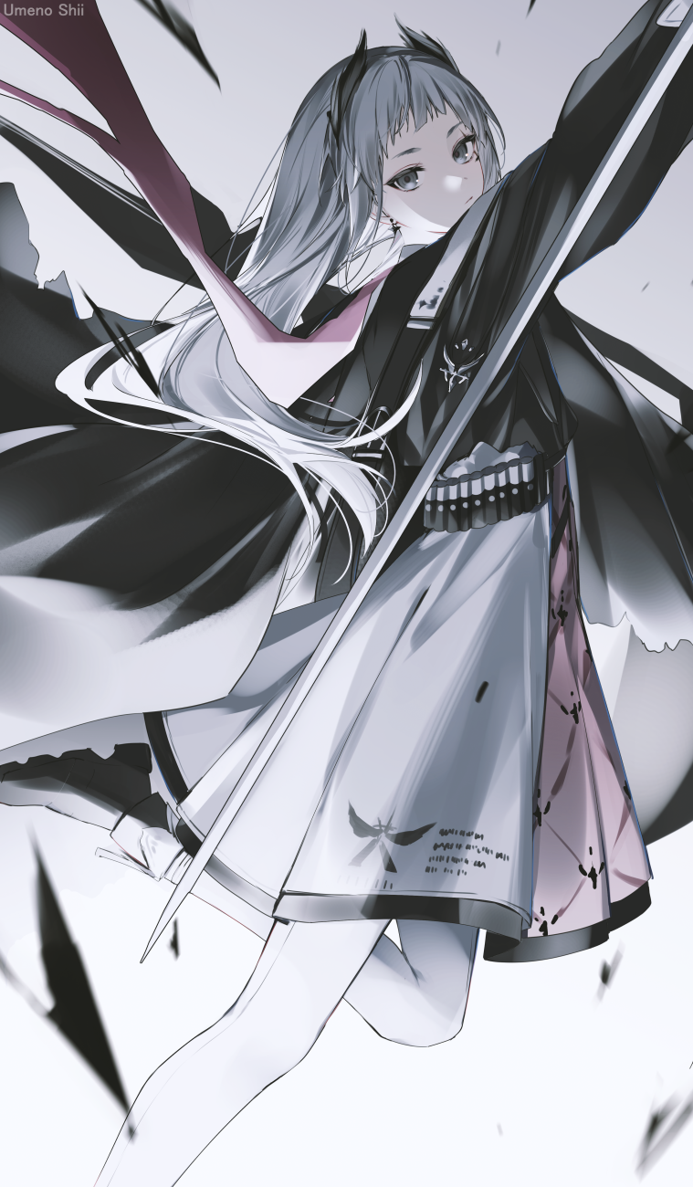 1girl, ammunition_belt, arknights, arm_up, artist_name, black_footwear, black_jacket, closed_mouth, commentary, expressionless, foot_out_of_frame, grey_eyes, grey_hair, highres, holding, holding_sword, holding_weapon, irene_(arknights), jacket, long_hair, long_sleeves, looking_at_viewer, pantyhose, rapier, skirt, solo, sword, umeno_shii, weapon, white_pantyhose, white_skirt