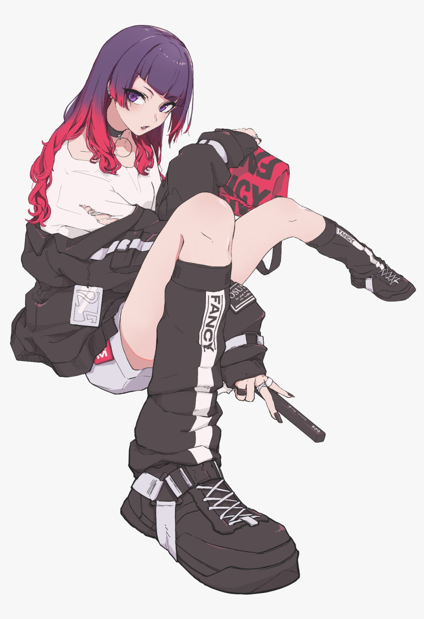 1girl, bangs, black_footwear, black_jacket, black_nails, black_socks, choker, commentary_request, diagonal_bangs, full_body, grey_background, hair_down, highres, hodoyoi, idolmaster, idolmaster_shiny_colors, jacket, jewelry, kneehighs, looking_at_viewer, loose_socks, multicolored_hair, nail_polish, purple_hair, redhead, ring, shirt, socks, solo, tanaka_mamimi, two-tone_hair, violet_eyes, white_shirt