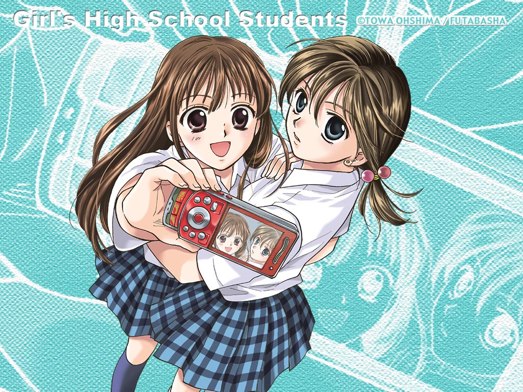 2girls, brown_hair, cellphone, cellphone_camera, cellphone_picture, girls_high, hair_bobbles, hair_ornament