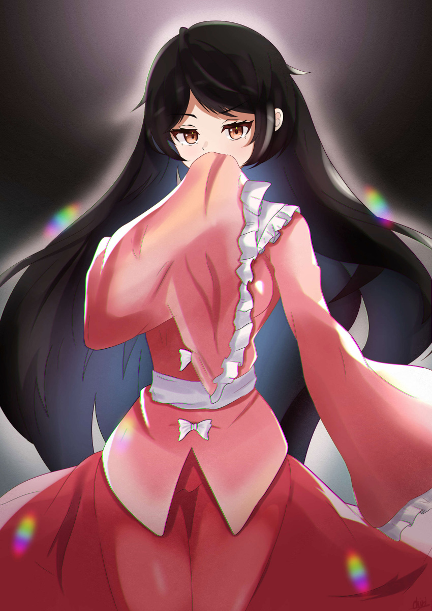 1girl, absurdres, black_background, black_hair, bow, brown_eyes, chirihouki, closed_mouth