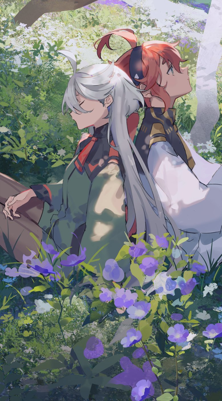 2girls, ahoge, back-to-back, blue_flower, closed_eyes, field, flower, flower_field