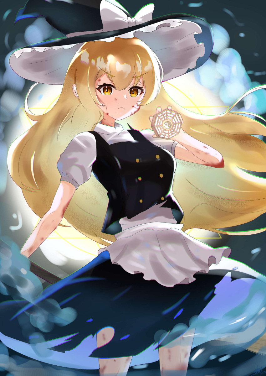 1girl, absurdres, apron, black_background, black_headwear, black_skirt, black_vest, blonde_hair