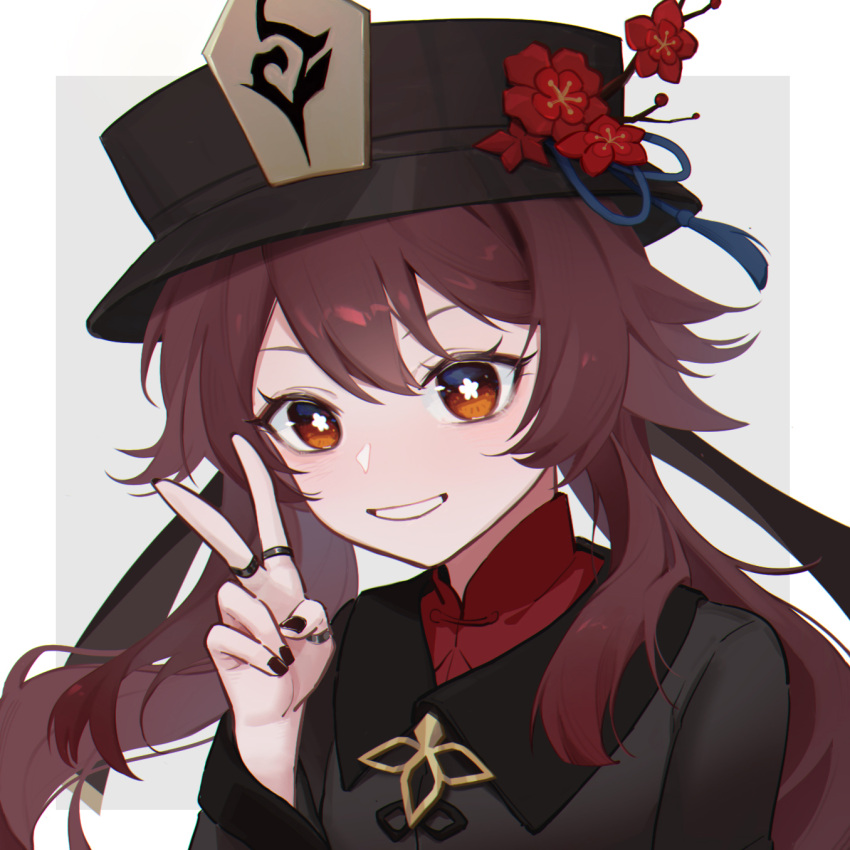 1girl, :d, bangs, black_nails, brown_hair, chinese_clothes, commentary_request, flower, genshin_impact, grin, hair_between_eyes, hat, hat_flower, hat_ornament, highres, hu_tao_(genshin_impact), jewelry, jide_xia_zi_ran, long_hair, long_sleeves, looking_at_viewer, multicolored_hair, orange_eyes, porkpie_hat, ring, sidelocks, simple_background, smile, solo, symbol-shaped_pupils, two-tone_hair, v