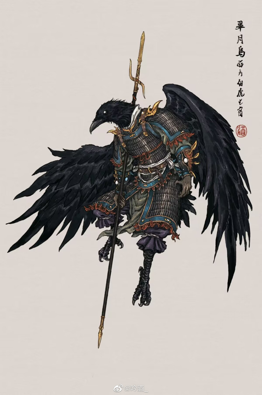animal_focus, armor, bird, black_feathers, chinese_armor, crow, feathered_wings, feathers, highres, holding, holding_polearm, holding_weapon, muyangtv_(user_edkf8885), no_humans, original, polearm, solo, spear, talons, weapon, wings