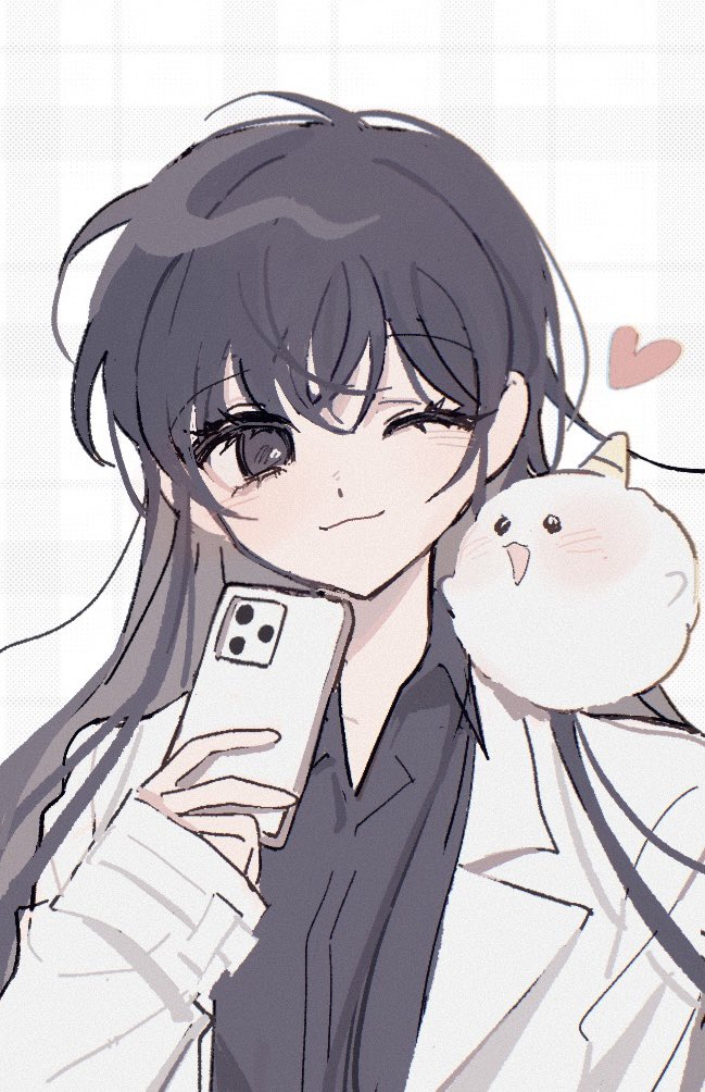 1girl, bangs, black_eyes, black_hair, black_shirt, blush, cellphone, closed_mouth, collared_shirt, commentary, genderswap, genderswap_(mtf), grey_background, heart, holding, holding_phone, jacket, kim_dokja, long_hair, long_sleeves, looking_at_another, omniscient_reader's_viewpoint, one_eye_closed, phone, shin_yoosung, shirt, simple_background, smartphone, smile, symbol-only_commentary, upper_body, white_jacket, ya_qaq