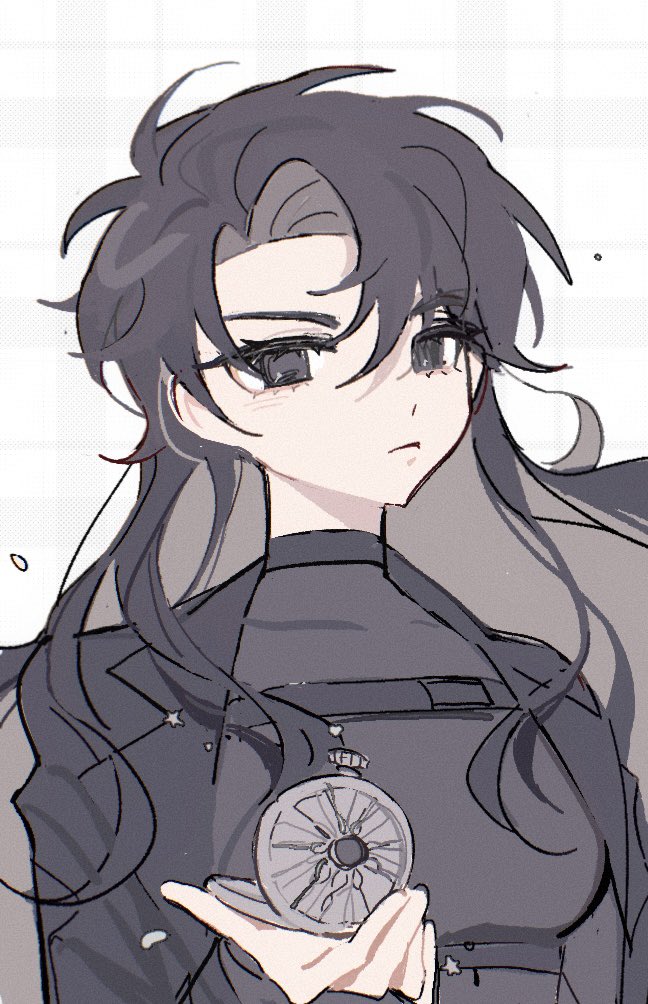 1girl, bangs, black_eyes, black_hair, black_jacket, black_shirt, breasts, closed_mouth, commentary, genderswap, genderswap_(mtf), grey_background, hair_between_eyes, holding, holding_pocket_watch, jacket, long_hair, long_sleeves, looking_at_viewer, omniscient_reader's_viewpoint, open_clothes, open_jacket, pocket_watch, shirt, simple_background, solo, symbol-only_commentary, upper_body, watch, ya_qaq, yoo_joonghyuk