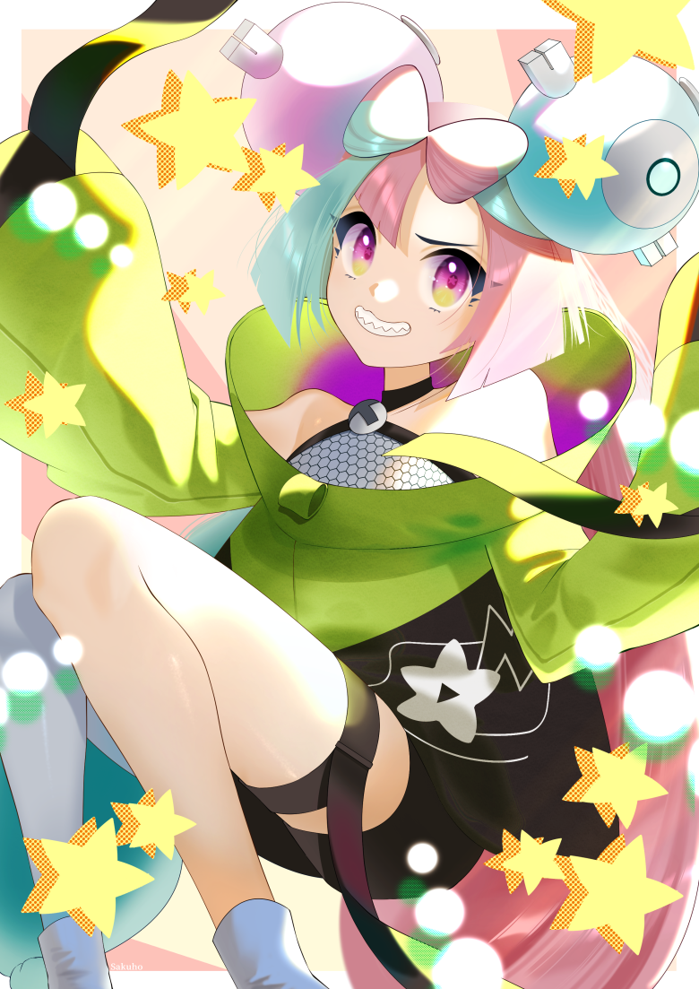 1girl, bow-shaped_hair, character_hair_ornament, grey_pantyhose, hair_ornament, hexagon_print, iono_(pokemon), jacket, long_hair, low-tied_long_hair, multicolored_hair, oversized_clothes, pantyhose, pokemon, pokemon_(game), pokemon_sv, sakuho_sakutomo, sharp_teeth, single_leg_pantyhose, sleeves_past_fingers, sleeves_past_wrists, split-color_hair, star_(symbol), star_in_eye, symbol_in_eye, teeth, twintails, very_long_sleeves, x, yellow_jacket