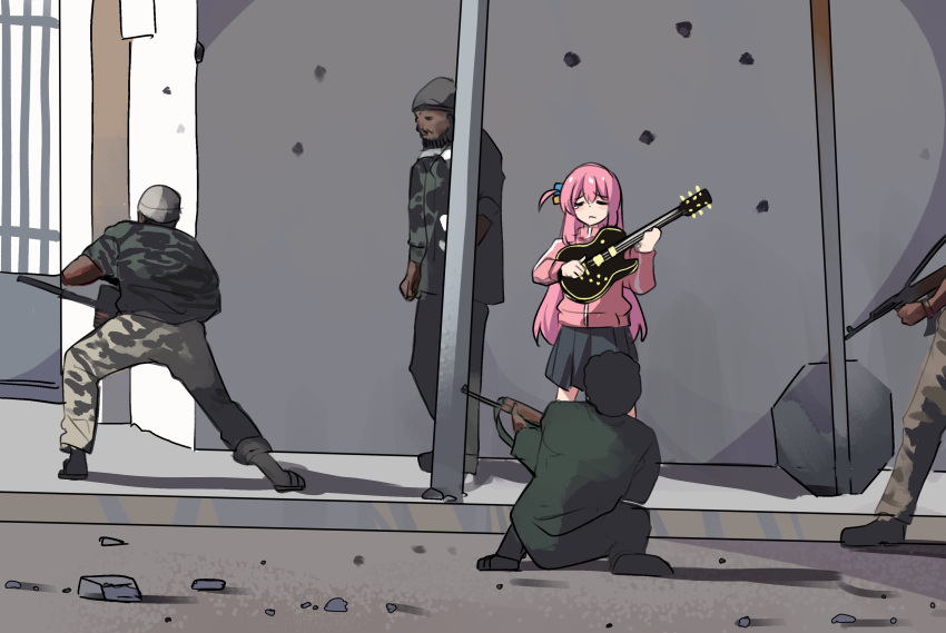 1girl, 4boys, absurdres, art_shift, assault_rifle, bangs, black_skirt, bocchi_the_rock!