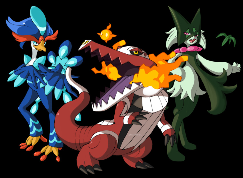 3others, awesomegoats, black_background, fire, highres, meowscarada, multiple_others, non-web_source, pokemon, pokemon_(creature), pokemon_(game), pokemon_sv, quaquaval, self_upload, skeledirge