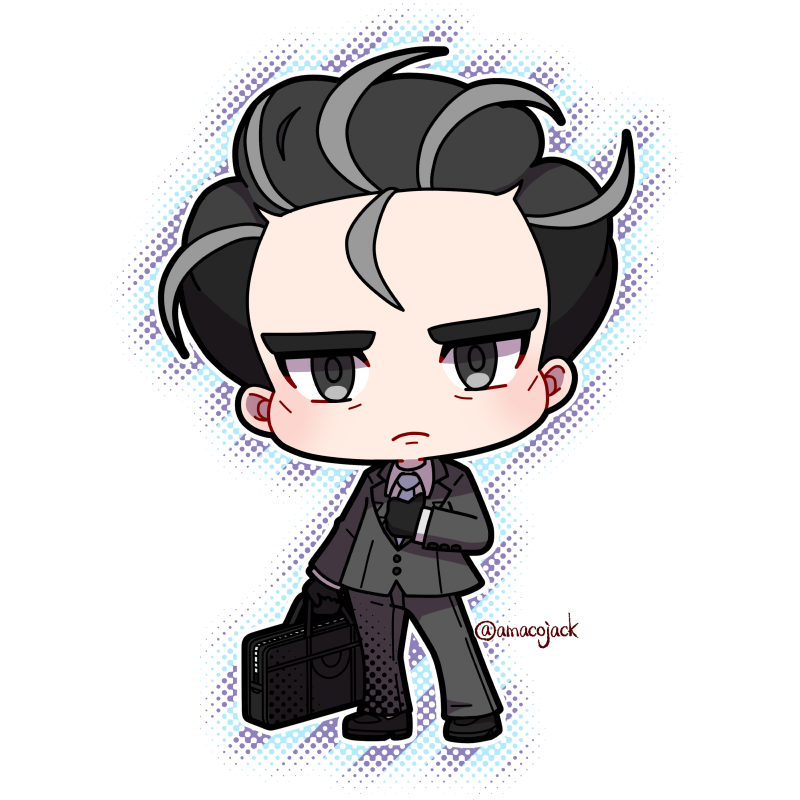 1boy, adjusting_clothes, adjusting_necktie, amaco_(amacoworklove), black_footwear, black_hair, briefcase, buttons