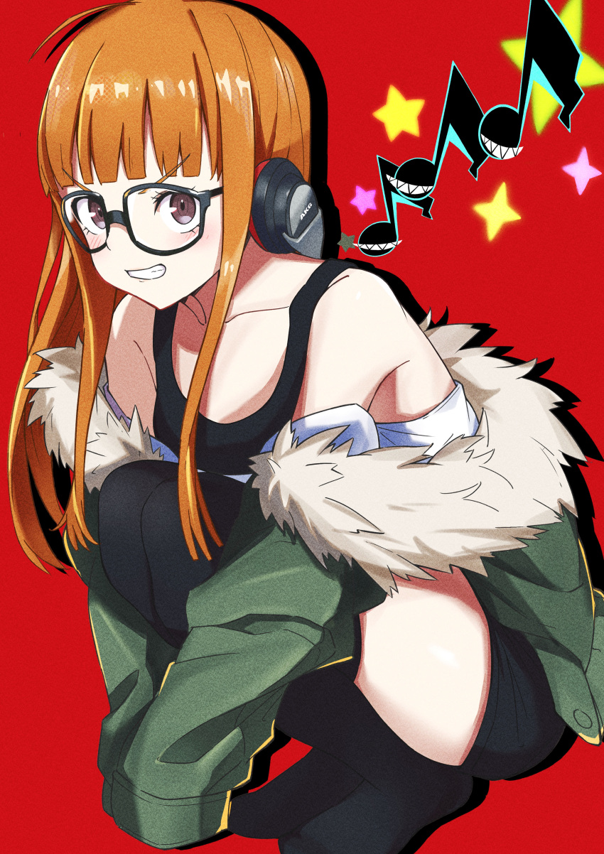 1girl, absurdres, bangs, behind-the-head_headphones, black-framed_eyewear, black_shorts, black_thighhighs, blunt_bangs