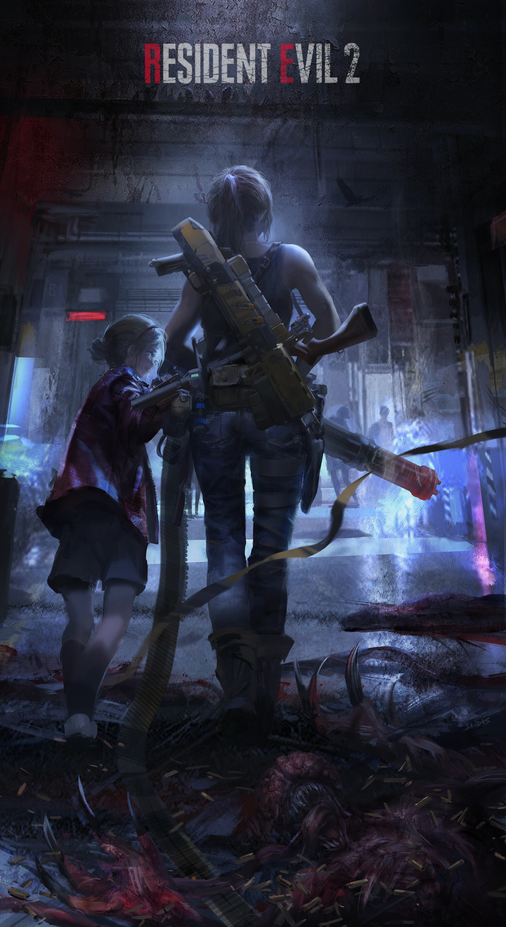 2girls, bare_shoulders, bird, blood, boots, camisole, claire_redfield, corpse