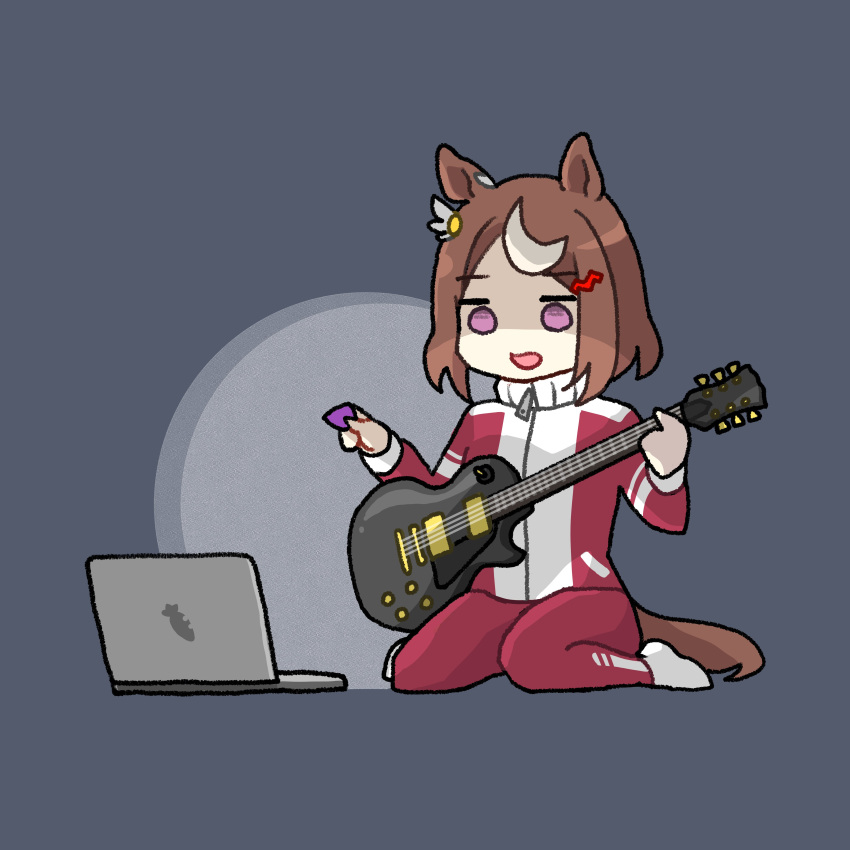 1girl, absurdres, animal_ears, brown_hair, computer, guitar, highres, holding, holding_instrument, holding_plectrum, horse_ears, horse_girl, horse_tail, instrument, jacket, laptop, long_hair, multicolored_hair, no_shoes, oishi_oiru, open_clothes, open_jacket, open_mouth, pants, plectrum, red_jacket, red_pants, short_hair, sitting, socks, solo, streaked_hair, tail, tracen_training_uniform, tsurumaru_tsuyoshi_(umamusume), umamusume, violet_eyes, wariza, white_socks