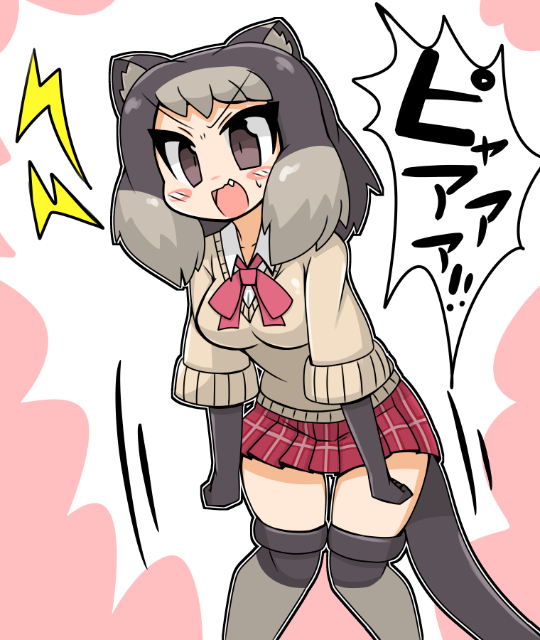 1girl, alpine_marmot_(kemono_friends), animal_ears, blush_stickers, bow, bowtie, brown_eyes, brown_hair, chibi, fang, feet_out_of_frame, gloves, grey_hair, kemono_friends, leaning_forward, medium_hair, microskirt, multicolored_hair, open_mouth, over-kneehighs, plaid, plaid_skirt, shouting, skirt, solo, standing, sweater, tail, tareme, thigh-highs, v-shaped_eyebrows, wirou, zettai_ryouiki