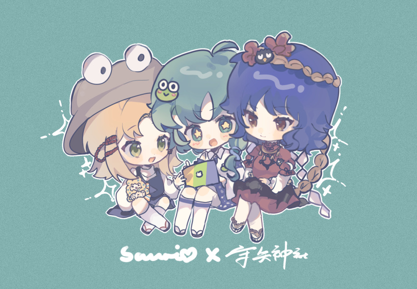 3girls, badtz-maru, bangs, black_hair, blonde_hair, blue_skirt, blue_vest, brown_eyes