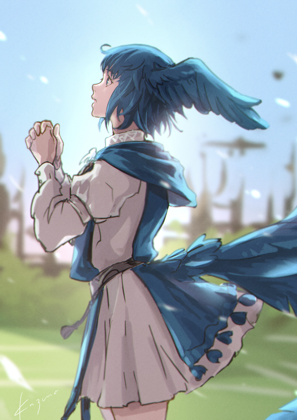 1girl, bangs, belt, bird_girl, bird_tail, bird_wings, blue_capelet, blue_eyes