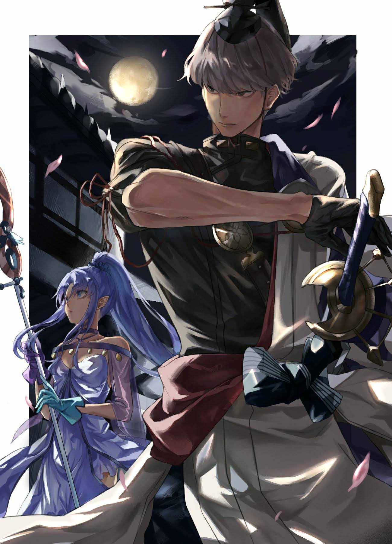 1boy, 1girl, asymmetrical_gloves, black_gloves, blue_eyes, blue_hair, fate/grand_order, fate_(series), full_moon, gloves, grey_hair, hat, highres, holding, holding_staff, long_hair, medea_(lily)_(fate), mismatched_gloves, moon, night, petals, pointy_ears, ponytail, smosmomi, staff, sword, watanabe_no_tsuna_(fate), weapon