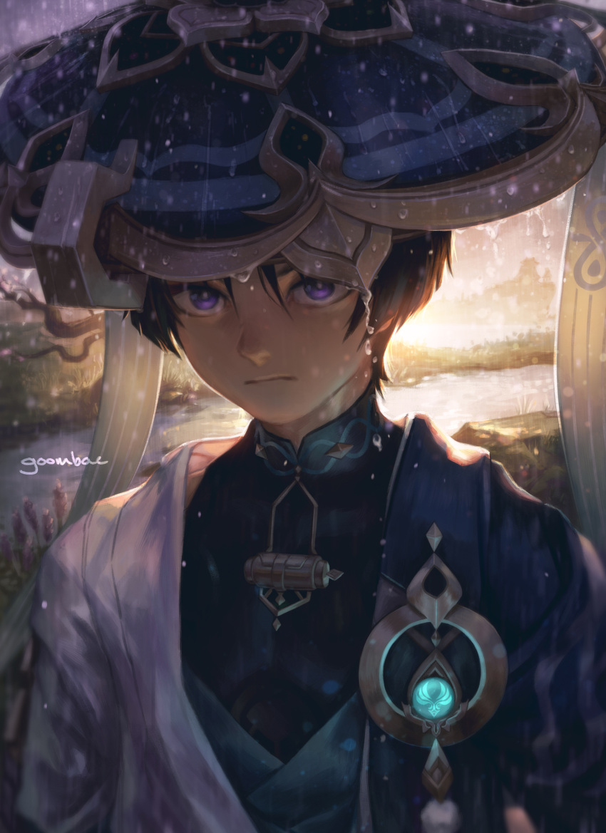 1boy, absurdres, artist_name, bangs, black_hair, black_shirt, blue_gemstone, blue_headwear