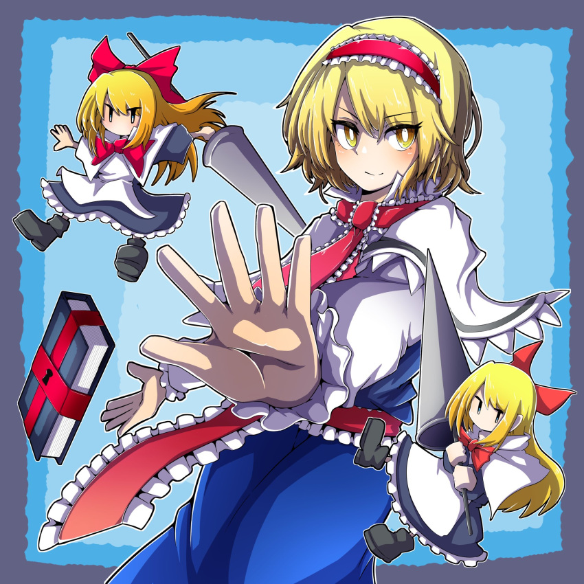 3girls, alice_margatroid, blue_background, blue_dress, blue_skirt, book, bow, bright_pupils