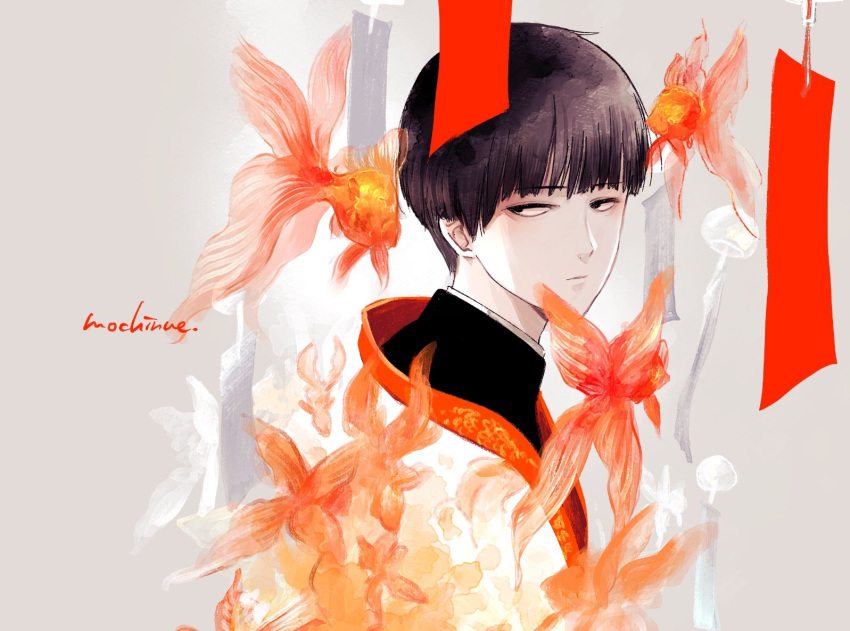 1boy, animal, artist_name, bangs, blunt_bangs, bowl_cut, closed_mouth, coat