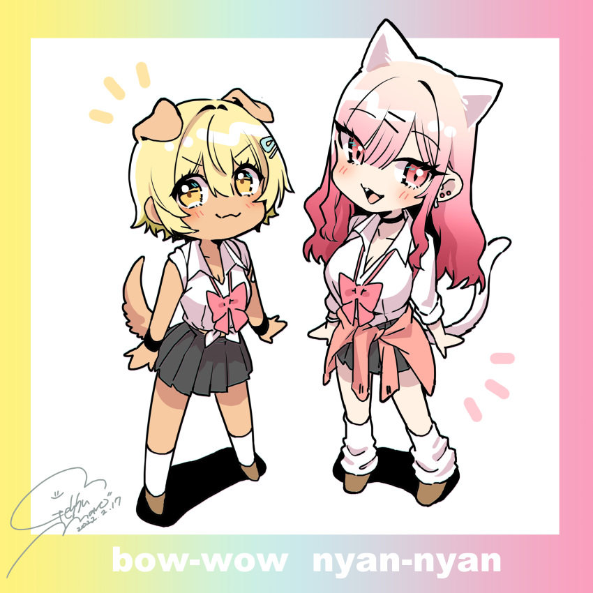 2girls, :3, absurdres, animal_ears, black_skirt, blonde_hair, blush, bow