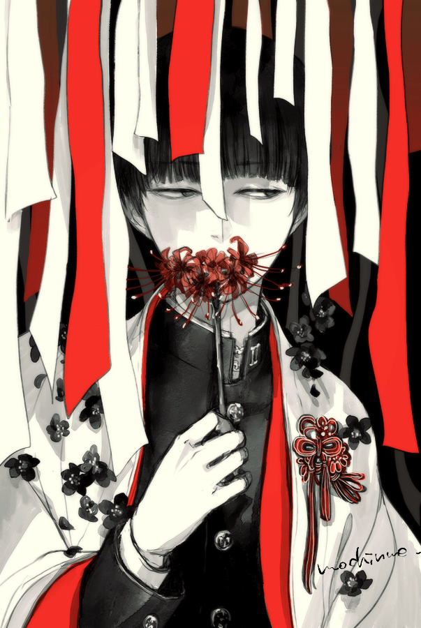 1boy, artist_name, bangs, bowl_cut, coat, covered_mouth, flower, flower_over_mouth, gakuran, hand_up, holding, holding_flower, japanese_clothes, kageyama_shigeo, long_sleeves, looking_away, male_focus, mob_psycho_100, mochinue, monochrome, red_flower, ribbon, romaji_text, school_uniform, short_hair, sideways_glance, simple_background, solo, spider_lily, upper_body