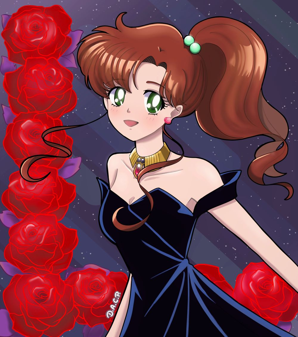 bangs, bishoujo_senshi_sailor_moon, black_dress, brown_hair, deniacp, dress, earrings, flower_earrings, green_eyes, hair_bobbles, hair_ornament, jewelry, kino_makoto, medium_hair, necklace, ponytail, sidelocks, smile