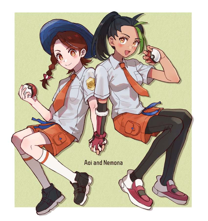 2girls, :d, black_footwear, black_hair, black_pantyhose, blue_headwear, blush, character_name