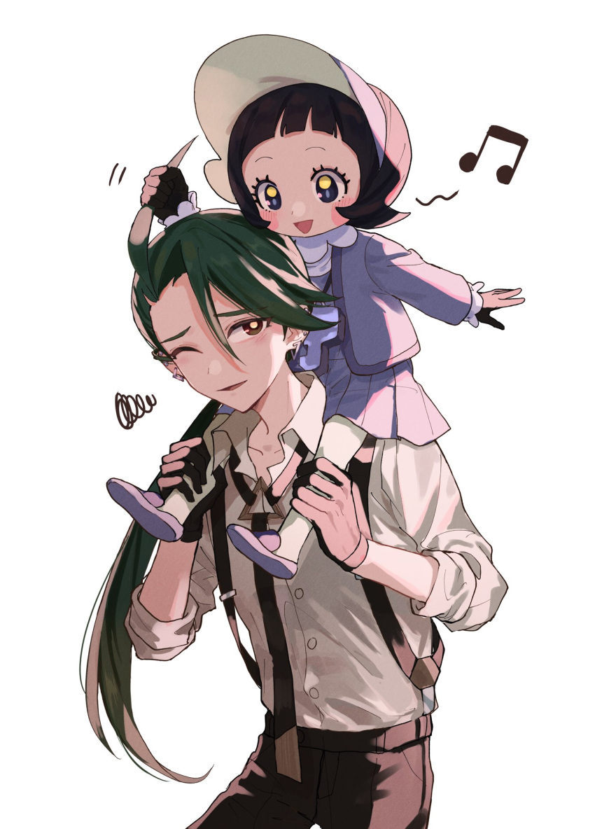 2girls, :d, ahoge, ahoge_grab, bangs, blush_stickers, bright_pupils, buttons