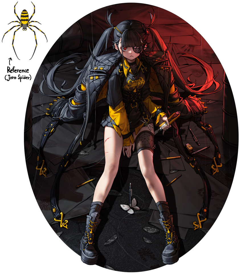 1girl, :<, absurdres, animal_print, bangs, belt, between_legs, black_footwear