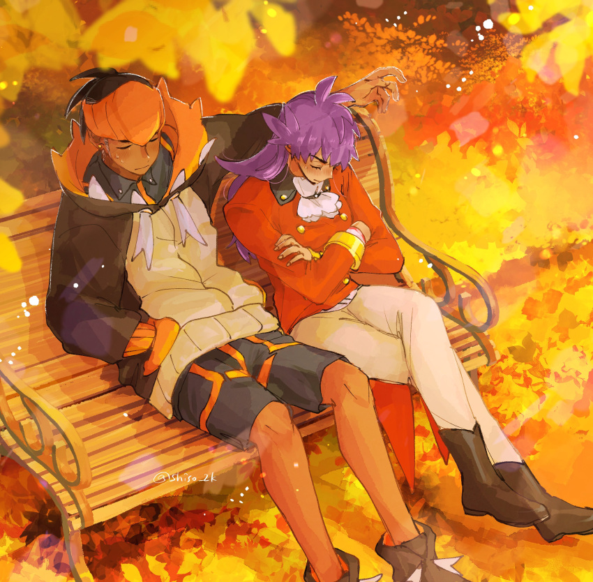 2boys, absurdres, autumn, bench, black_hair, blush, boots, brown_footwear