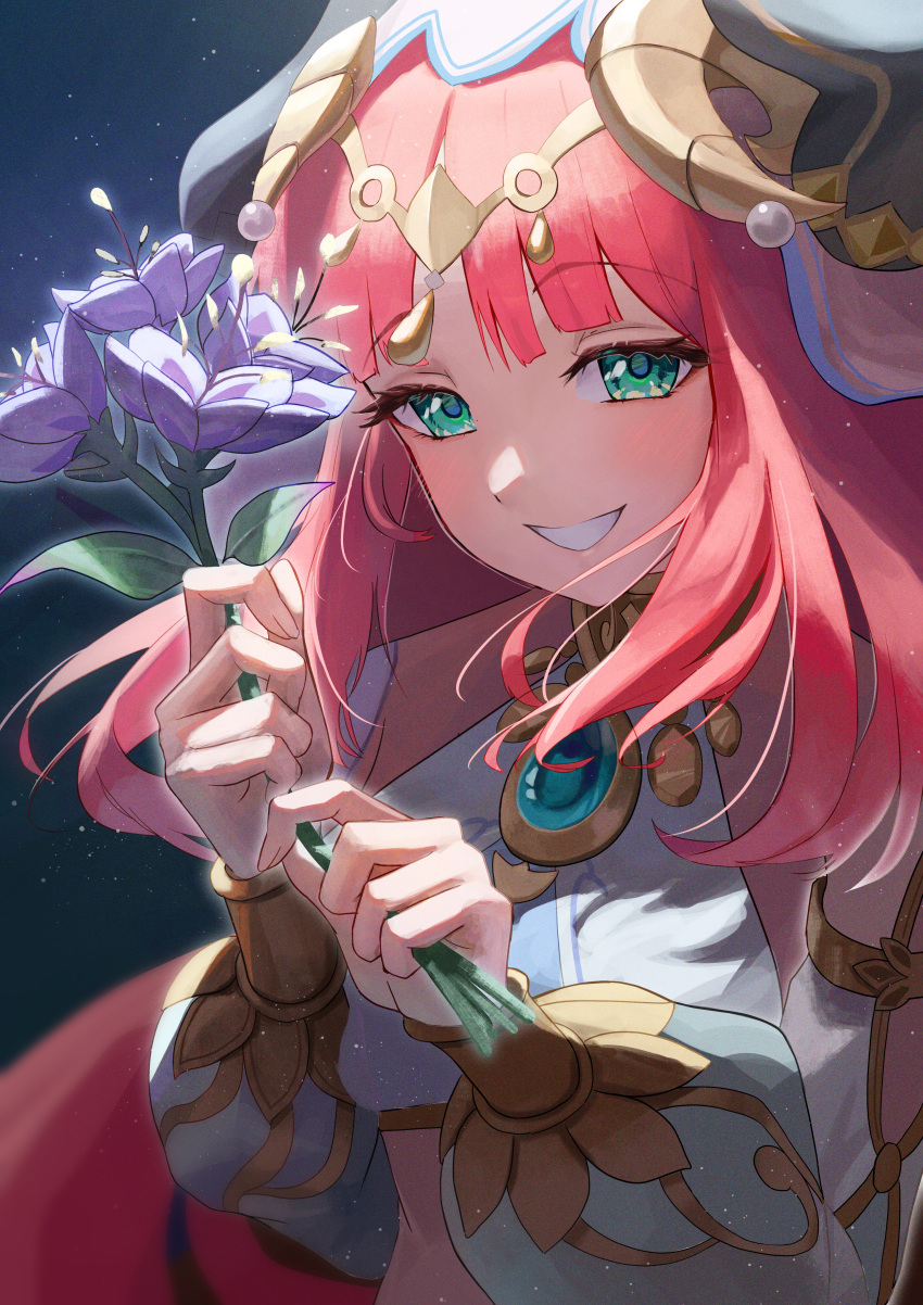 1girl, absurdres, blush, commentary_request, flower, genshin_impact, green_eyes, hands_up