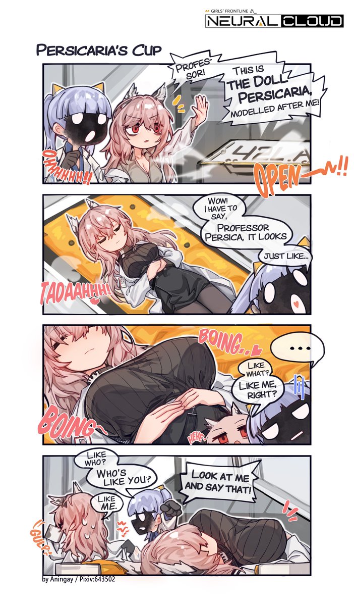 ..., 3girls, angry, animal_ear_fluff, animal_ears, aningay, bangs, black_gloves, black_pantyhose, blue_shirt, breasts, cat_ears, closed_eyes, closed_mouth, collared_shirt, copyright_name, cowboy_shot, english_commentary, english_text, faceless, faceless_female, fake_animal_ears, female_professor_(girls'_frontline_nc), girls'_frontline_neural_cloud, gloves, hair_between_eyes, heart, highres, labcoat, large_breasts, long_hair, long_sleeves, looking_at_another, medium_breasts, messy_hair, multiple_girls, official_art, open_mouth, pantyhose, persica_(girls'_frontline), persicaria_(girls'_frontline_nc), pink_hair, pointing, pointing_at_another, pointing_to_the_side, red_eyes, shirt, skirt, sound_effects, speech_bubble, standing, sweatdrop, sweater, turtleneck, upper_body