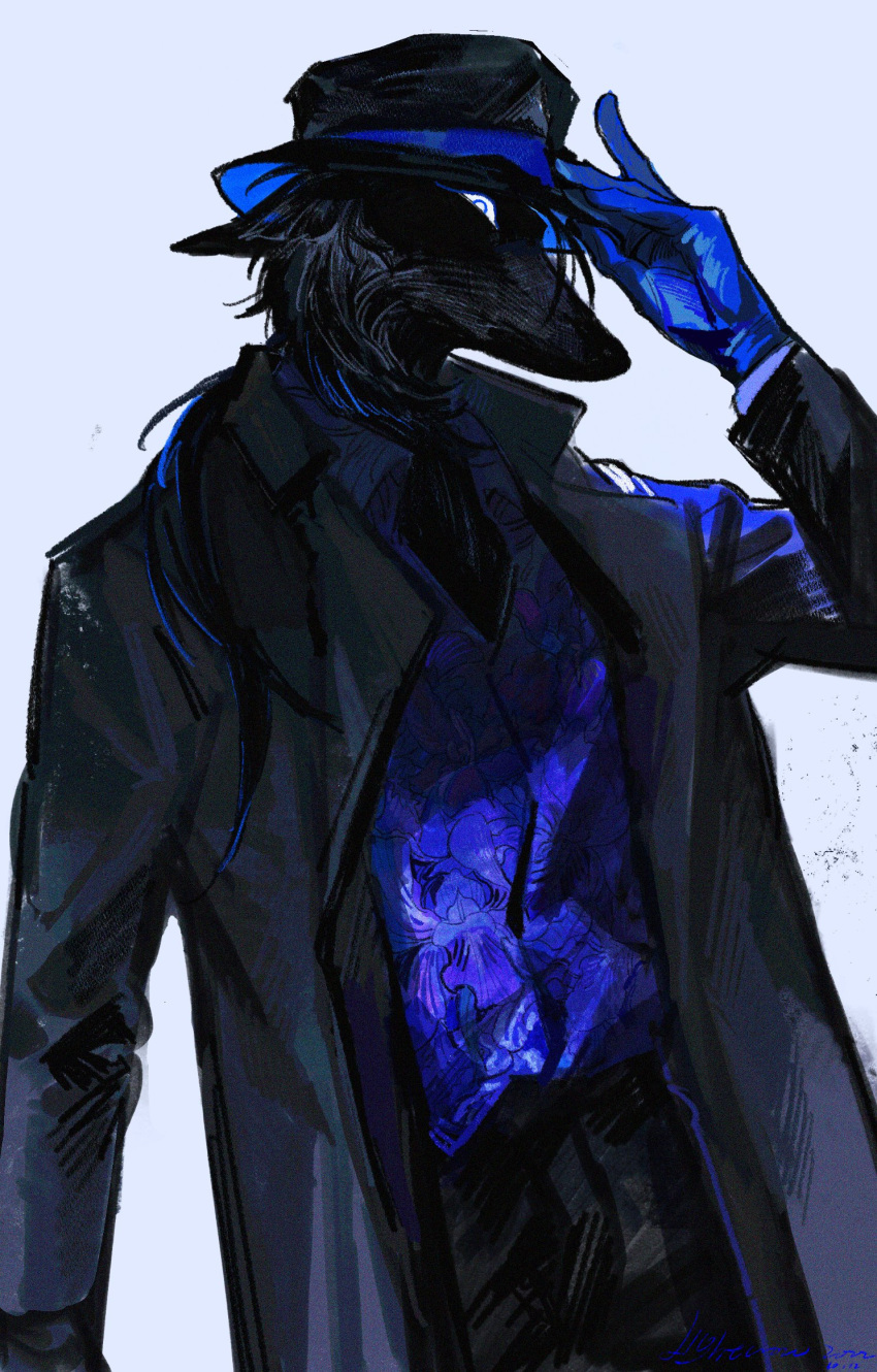1boy, adjusting_clothes, adjusting_headwear, ascot, black_ascot, black_coat, black_headwear, blue_gloves