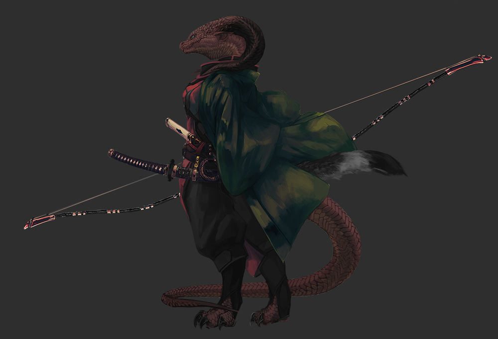 1girl, black_pants, bow_(weapon), breasts, coat, dragon, dragon_girl, from_side