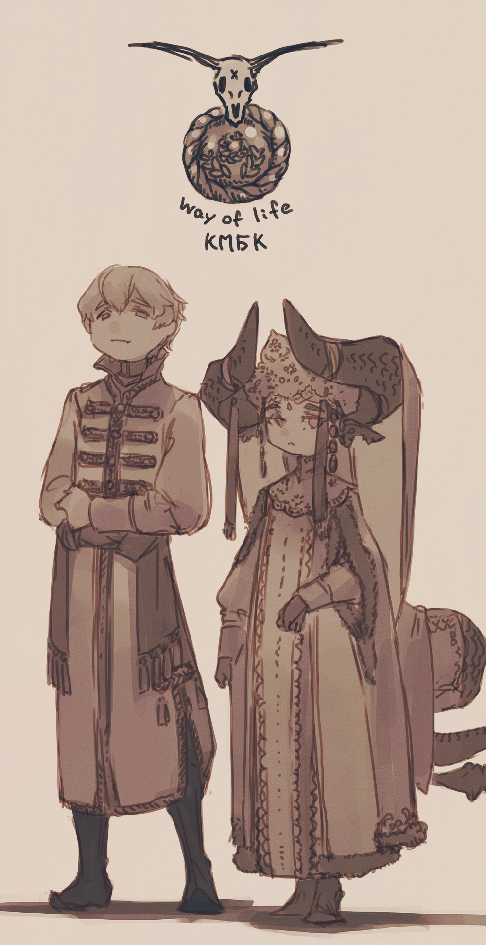 1boy, 1girl, artist_name, boots, brown_theme, crossed_arms, curled_horns, dragon_girl