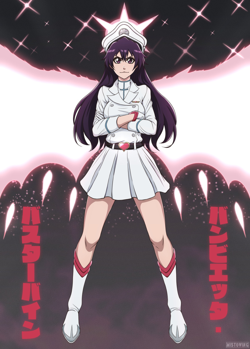 1girl, absurdres, bambietta_basterbine, black_eyes, black_hair, bleach, bleach:_the_thousand-year_blood_war, boots, breasts, energy, full_body, gunbuster_pose, hat, heart_belt, highres, kanji, large_breasts, long_hair, looking_at_viewer, military, military_hat, military_uniform, miniskirt, mistowing, pink_wings, skirt, smile, solo, sternritter, uniform, v-shaped_eyebrows, watermark, wings