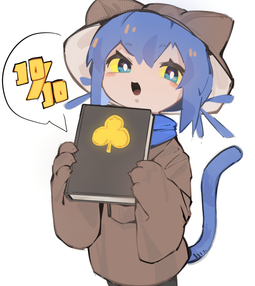 1other, :o, androgynous, animal_ears, animal_hands, animal_hat, bangs, blue_eyes, blue_hair, blue_scarf, book, brown_headwear, brown_shirt, cat_ears, cat_hat, colored_sclera, cowboy_shot, fake_animal_ears, gloves, hat, highres, holding, holding_book, jianpan_xiafang_de_da_kongge, looking_at_viewer, niko_(oneshot), oneshot_(game), open_mouth, paw_gloves, scarf, shirt, simple_background, solo, white_background, yellow_sclera