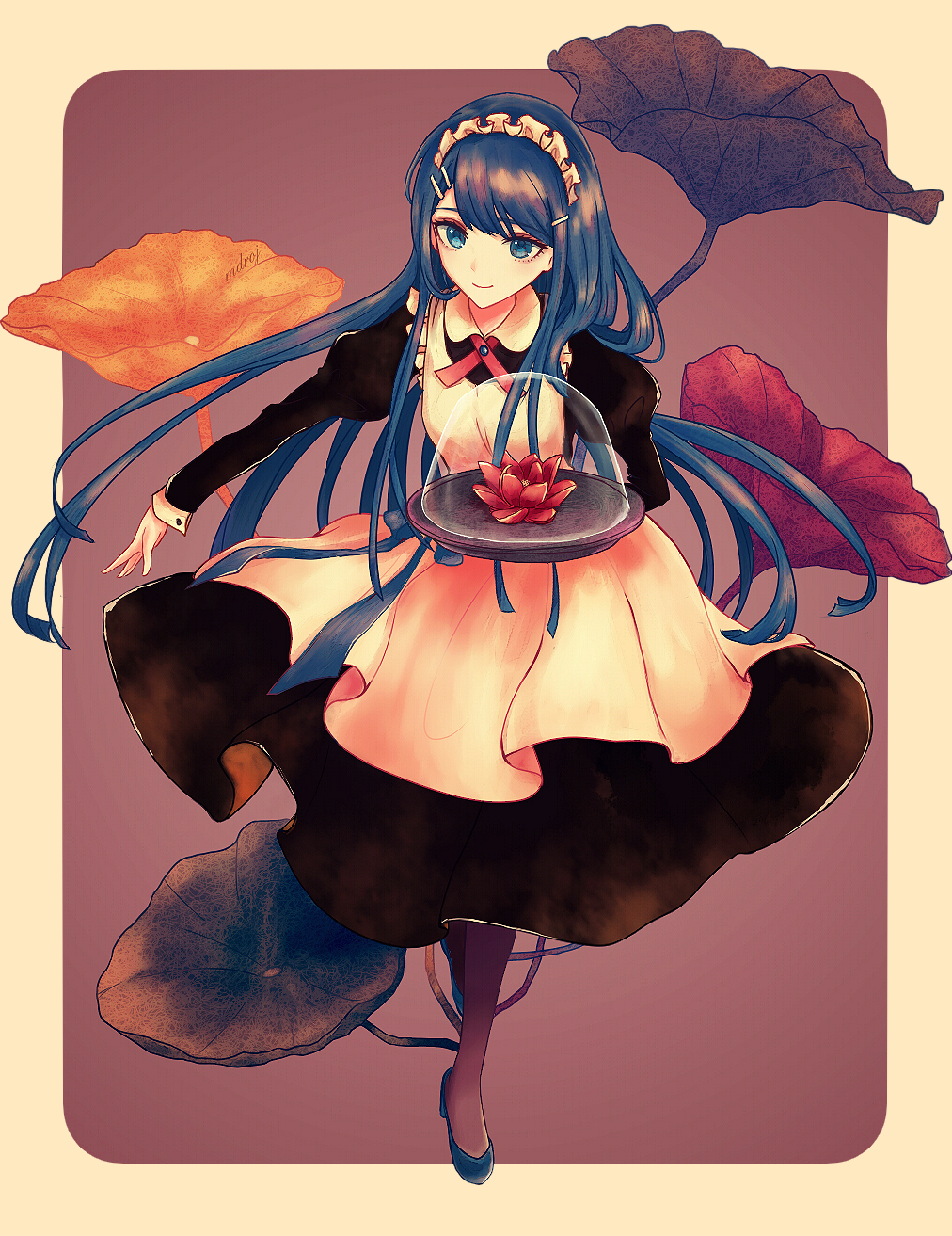1girl, alternate_costume, apron, bangs, black_thighhighs, blue_eyes, blue_flower, blue_footwear