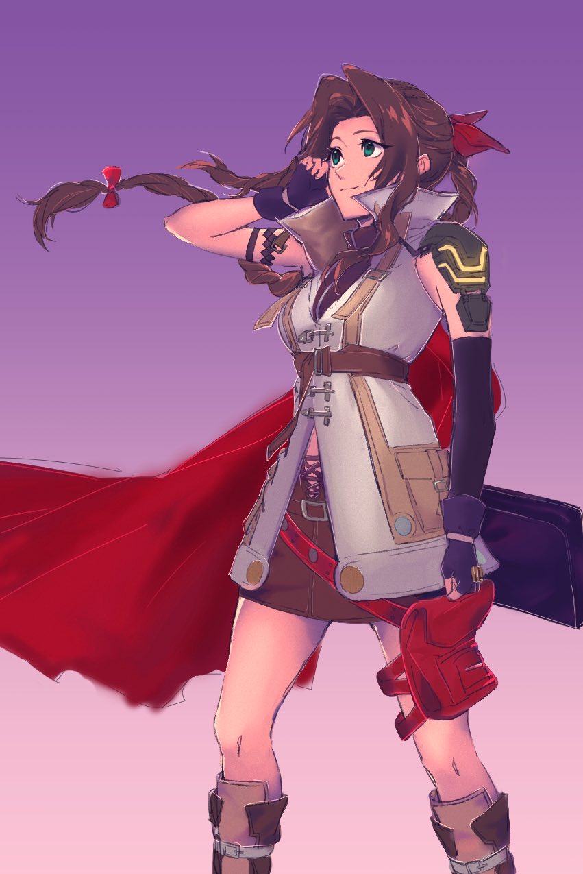 1girl, aerith_gainsborough, armband, armor, asymmetrical_gloves, bangs, boots, braid, braided_ponytail, breasts, brown_hair, brown_skirt, cape, cosplay, feet_out_of_frame, final_fantasy, final_fantasy_vii, final_fantasy_vii_remake, final_fantasy_xiii, fingerless_gloves, gloves, gradient, gradient_background, green_eyes, hair_ribbon, hand_in_own_hair, highres, kivavis, lightning_farron, lightning_farron_(cosplay), long_hair, looking_up, medium_breasts, parted_bangs, pink_background, popped_collar, purple_background, red_cape, red_ribbon, ribbon, shirt, shoulder_armor, sidelocks, skirt, sleeveless, sleeveless_shirt, smile, solo, standing, thigh_pouch, wavy_hair, white_shirt