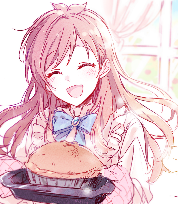 1girl, 6_(yuchae), ^_^, ^o^, antenna_hair, blue_ribbon, blush, bread