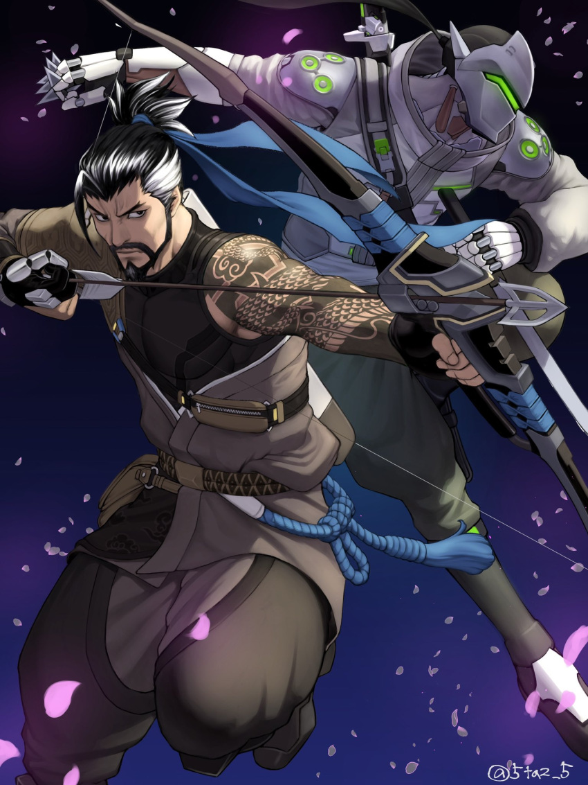 2boys, 5tatsu, archery, arm_tattoo, arrow_(projectile), baggy_pants, black_hair, blue_background