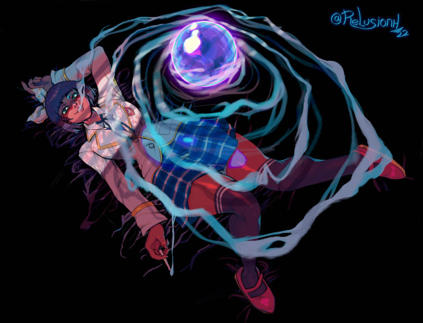 1girl, absurdres, black_background, blazer, blue_skirt, bob_cut, bow, brown_lips