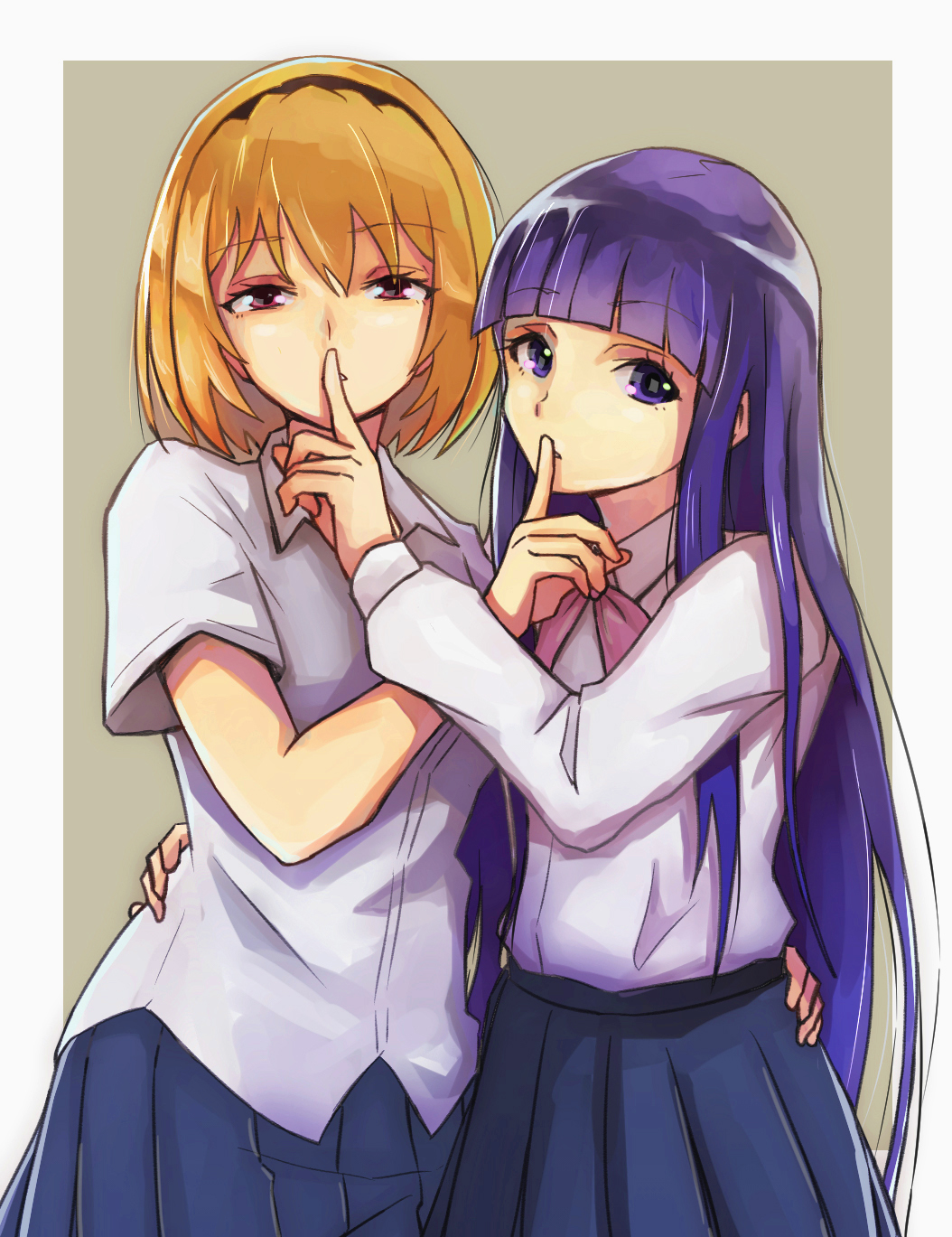 2girls, black_hairband, blonde_hair, blue_hair, blue_skirt, collared_shirt, finger_to_another's_mouth, furude_rika