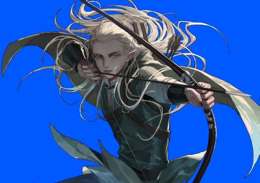 1boy, absurdres, aiming, armor, blue_background, bow_(weapon), braid, cape, commentary, drawing_bow, elf, eyelashes, floating_clothes, floating_hair, hair_pulled_back, half_updo, highres, holding, holding_bow_(weapon), holding_weapon, legolas, long_hair, long_sleeves, looking_afar, male_focus, outstretched_arm, parted_lips, pointy_ears, quiver, side_braid, simple_background, solo, symbol-only_commentary, the_lord_of_the_rings, tolkien's_legendarium, upper_body, weapon, yangshu893