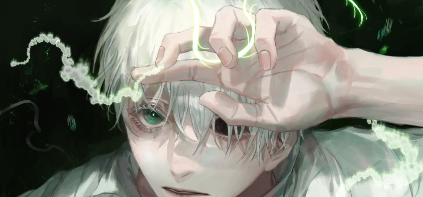 1boy, absurdres, bangs, black_background, close-up, collared_shirt, creature, dark, eyelashes, fingernails, ginko, glowing, green_eyes, hair_over_eyes, hand_up, highres, hollow_eyes, looking_at_viewer, male_focus, mushishi, one-eyed, portrait, shirt, short_hair, simple_background, solo, white_hair, white_shirt, yangshu893