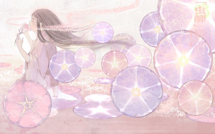 1girl, absurdres, akoya_(mushishi), artist_name, bangs, blue_flower, brown_hair, closed_eyes