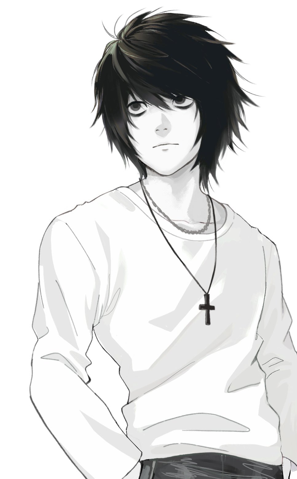 1boy, bags_under_eyes, black_eyes, black_hair, closed_mouth, cross, cross_necklace, death_note