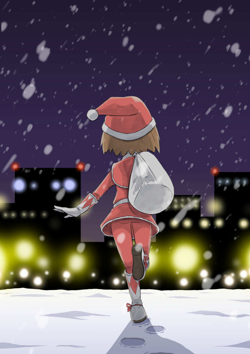 1girl, absurdres, belt, boots, brown_hair, building, christmas, coat